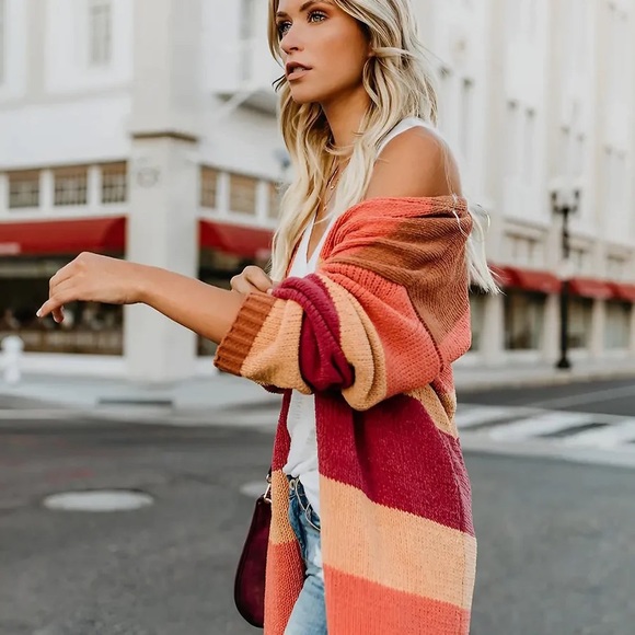 Autumn Colorblock boho Stripes Knit Open Front Cardigan Casual stripes - Picture 10 of 13